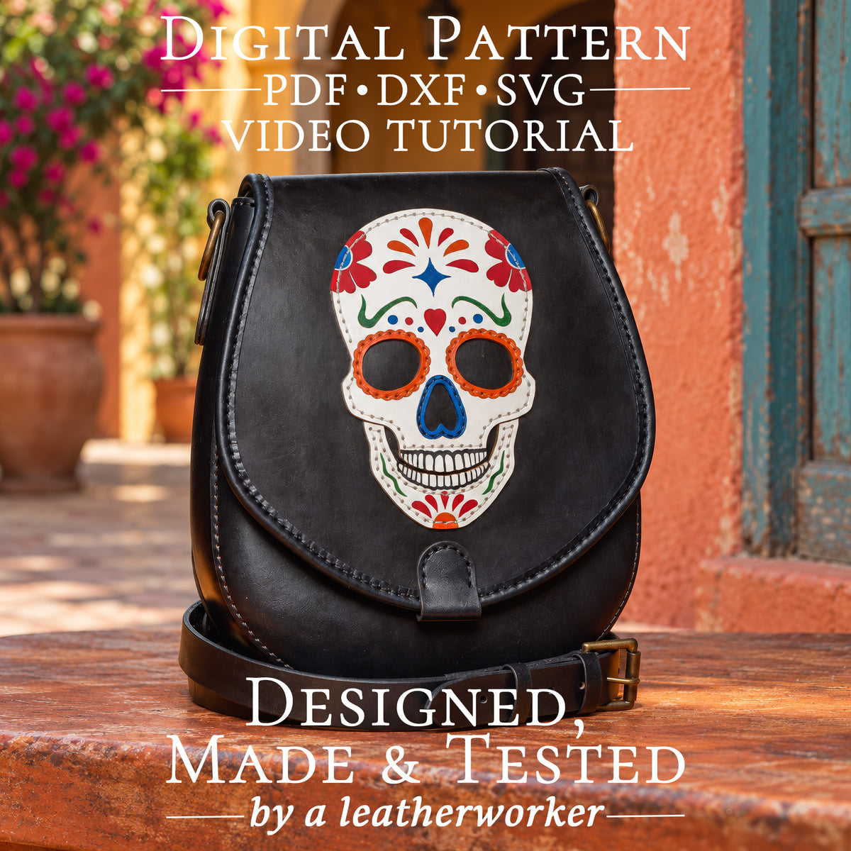 Leather Skull Crossbody Bag Pattern – PDF & DXF Gothic Template SVG