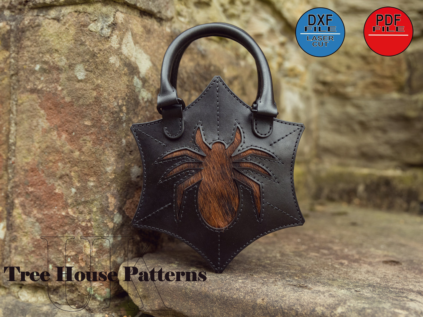 Spider handbag leather pattern DXF and PDF - Halloween bag digital template - laser leather pattern