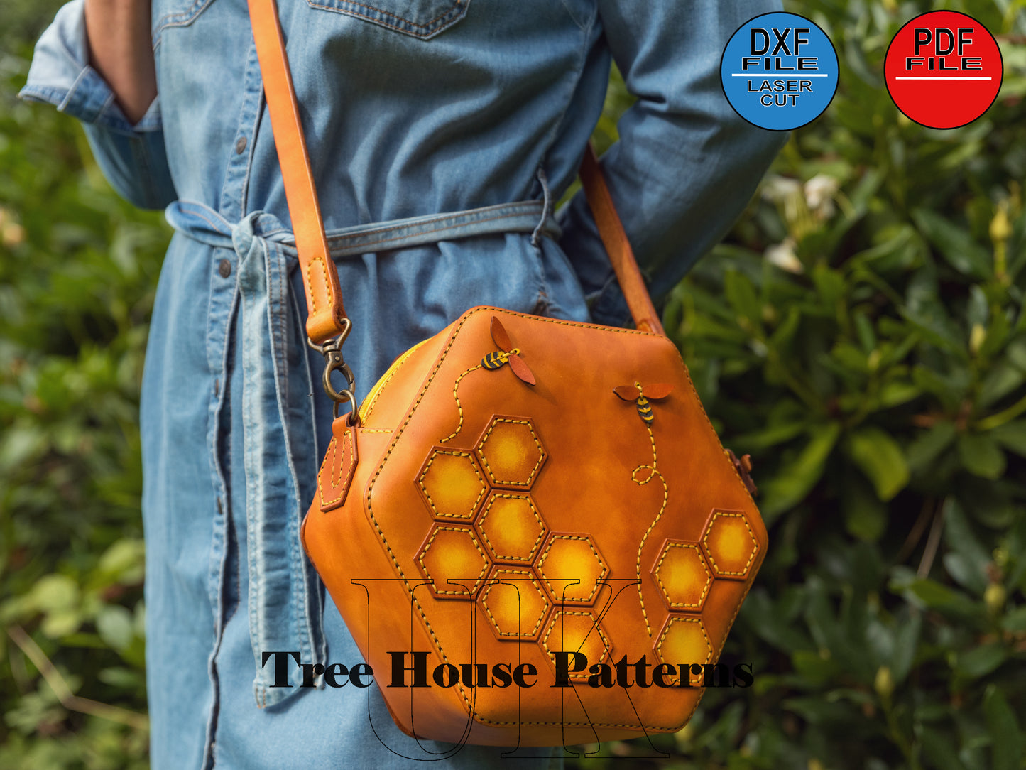 Leather shoulder "Bee" bag pattern DXF and PDF - leather crossbody purse digital template - leather laser pattern