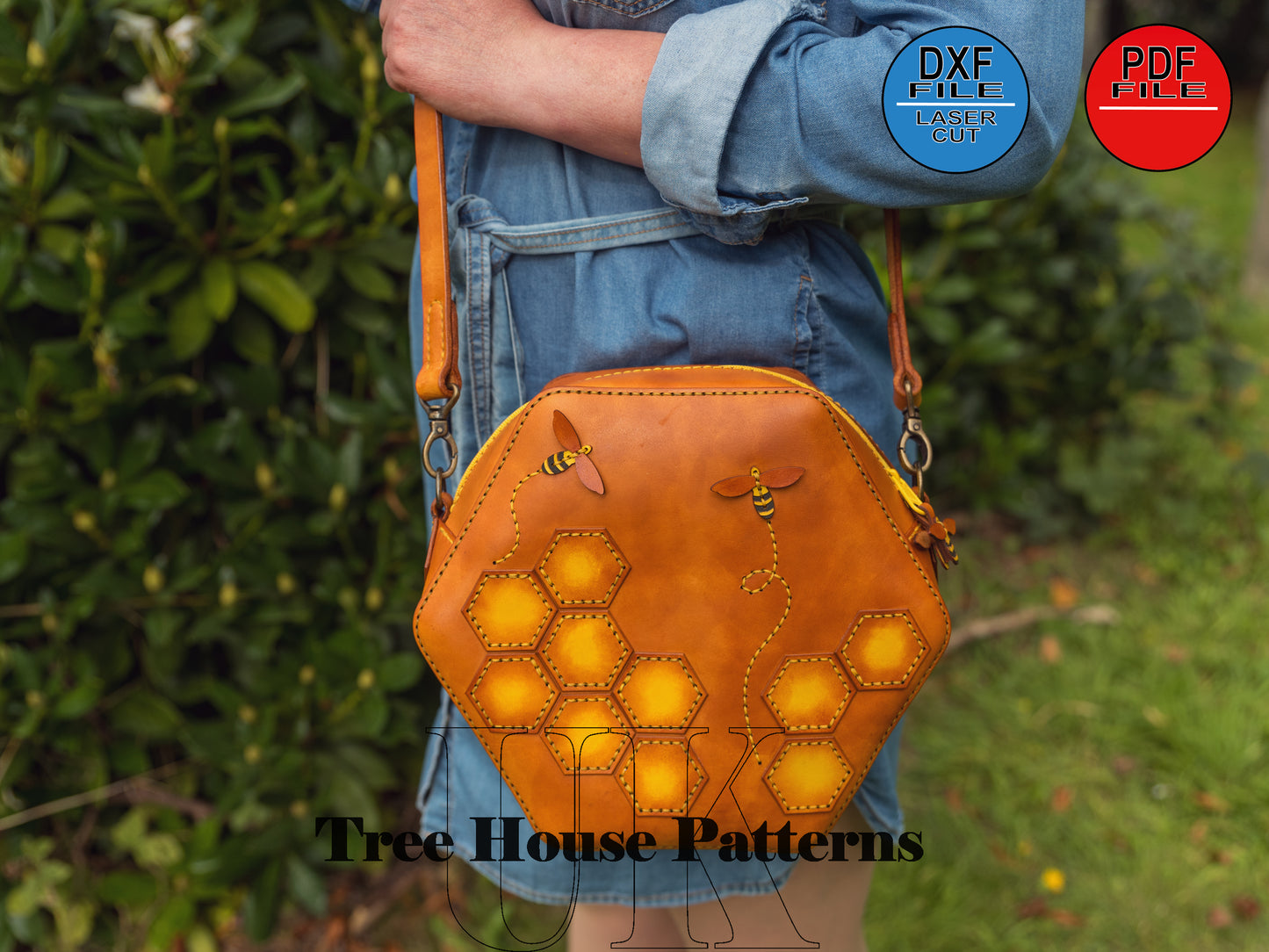 Leather shoulder "Bee" bag pattern DXF and PDF - leather crossbody purse digital template - leather laser pattern