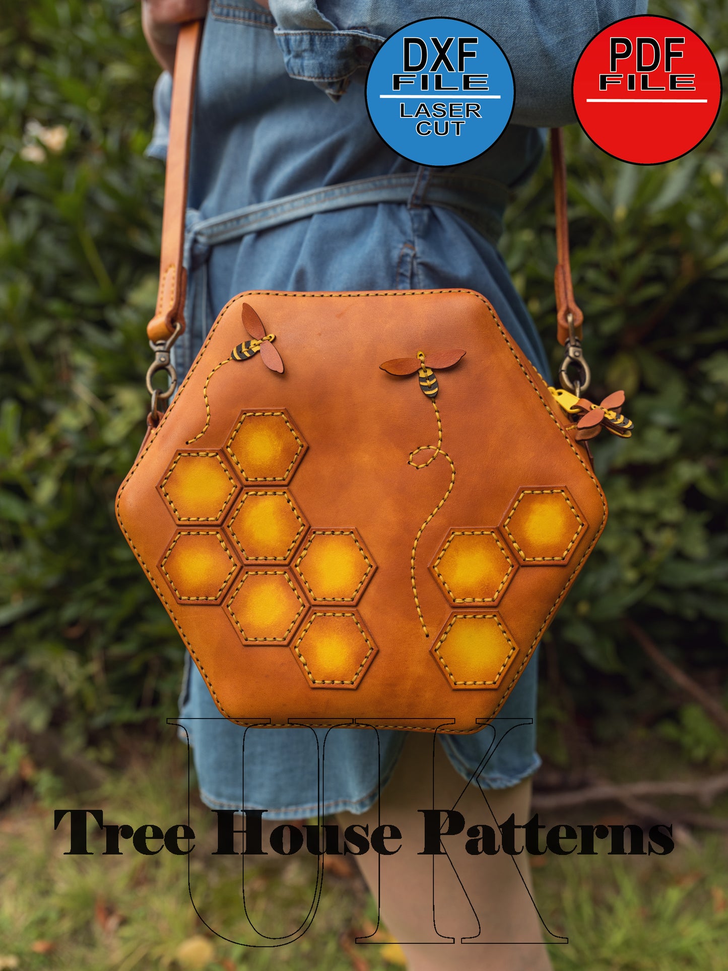 Leather shoulder "Bee" bag pattern DXF and PDF - leather crossbody purse digital template - leather laser pattern