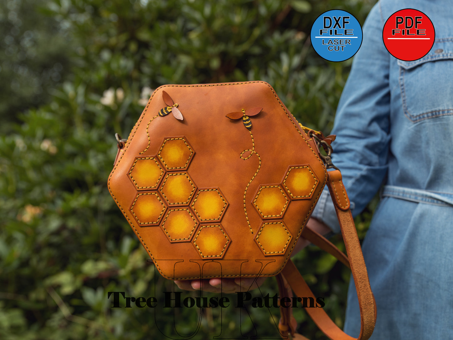 Leather shoulder "Bee" bag pattern DXF and PDF - leather crossbody purse digital template - leather laser pattern