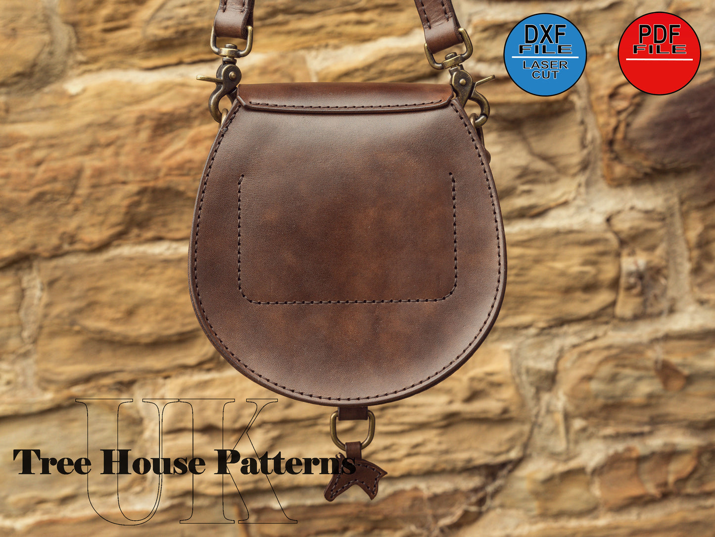 Small saddle bag with horseshoe motive leather pattern DXF and PDF - saddle purse laser digital template - laser bag pattern