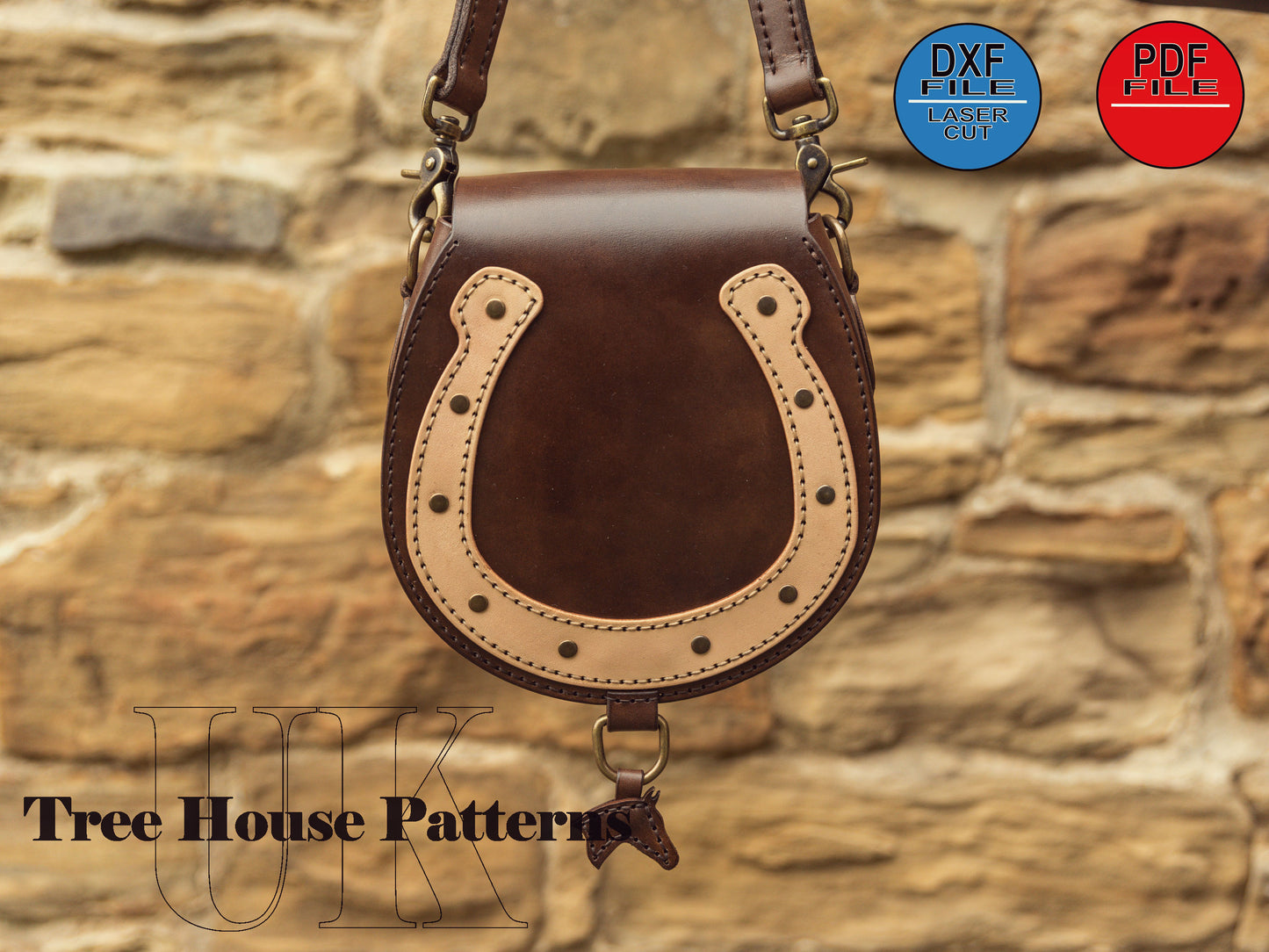 Small saddle bag with horseshoe motive leather pattern DXF and PDF - saddle purse laser digital template - laser bag pattern