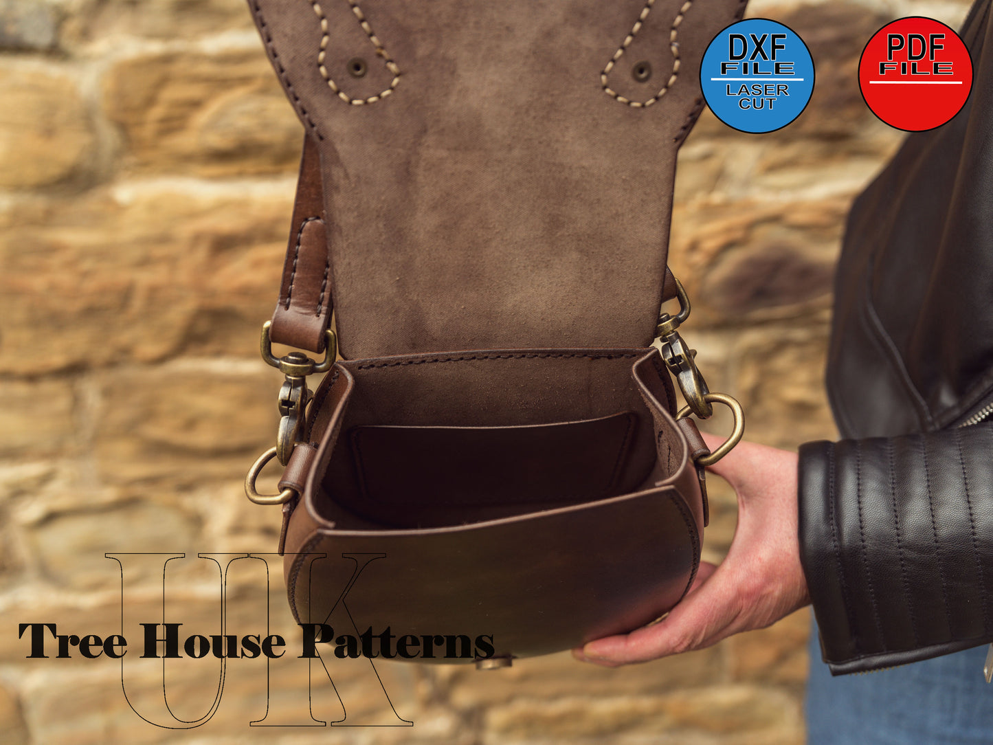 Small saddle bag with horseshoe motive leather pattern DXF and PDF - saddle purse laser digital template - laser bag pattern