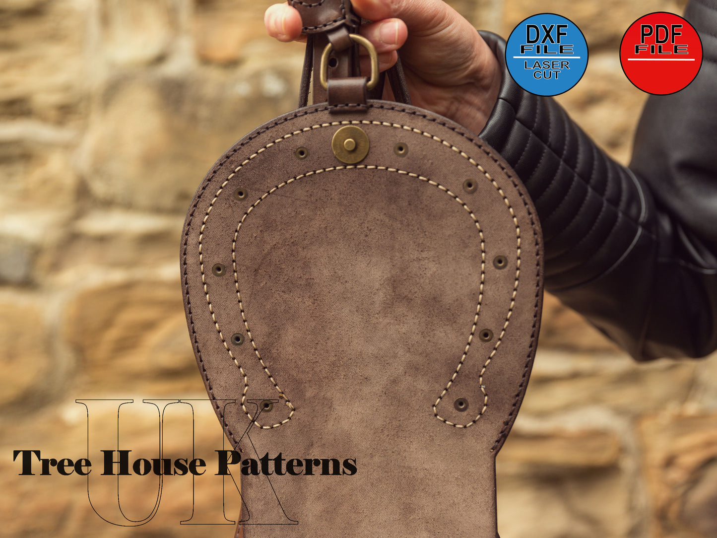 Small saddle bag with horseshoe motive leather pattern DXF and PDF - saddle purse laser digital template - laser bag pattern