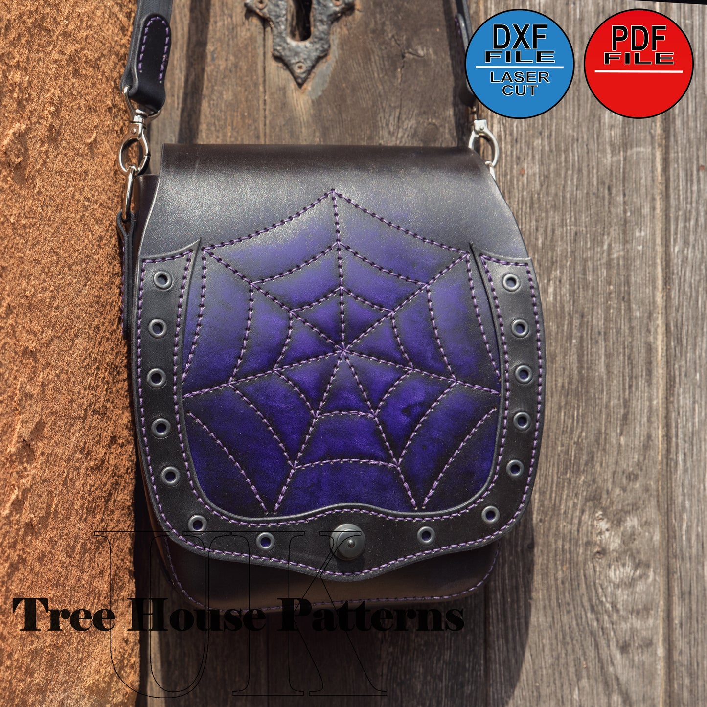 Gothic and steampunk style shoulder bags leather pattern DXF and PDF, laser pattern for leather crossbody bag, spider web bag pattern