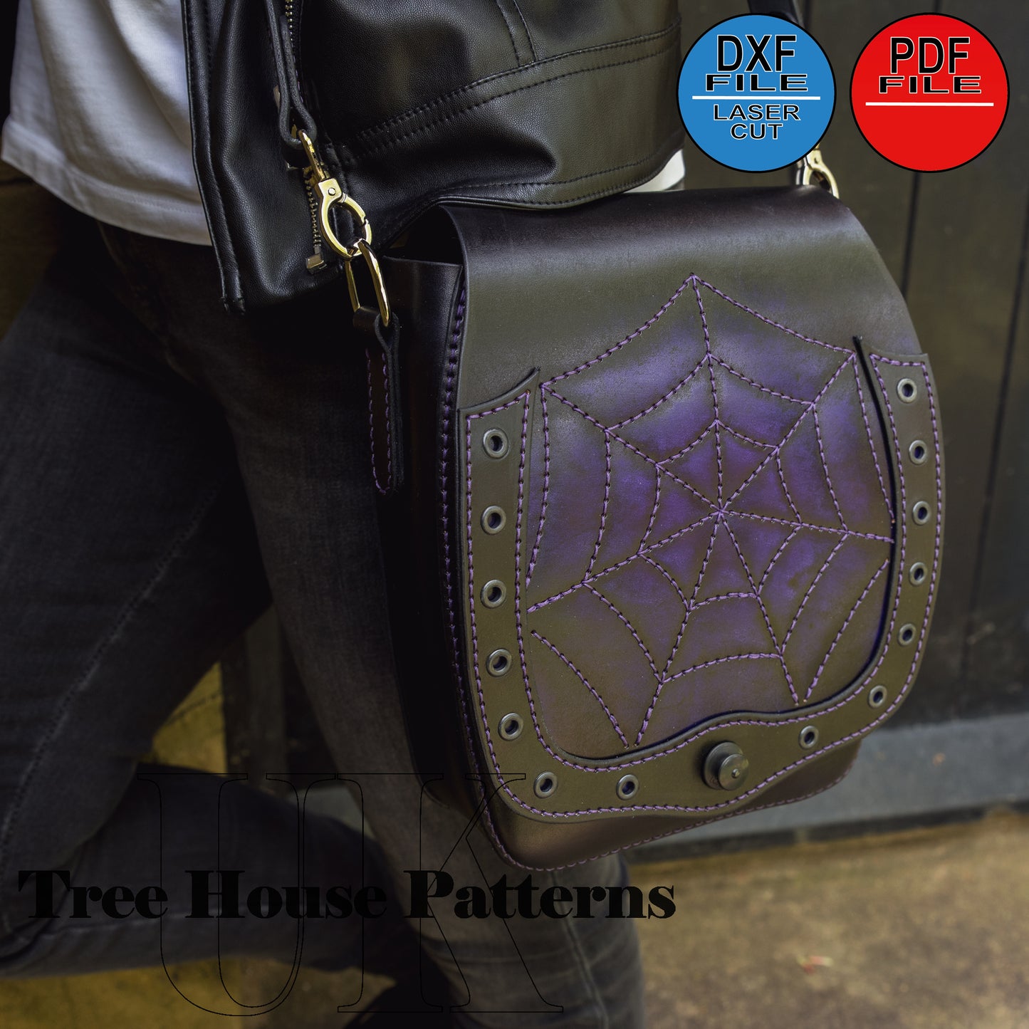 Gothic and steampunk style shoulder bags leather pattern DXF and PDF, laser pattern for leather crossbody bag, spider web bag pattern