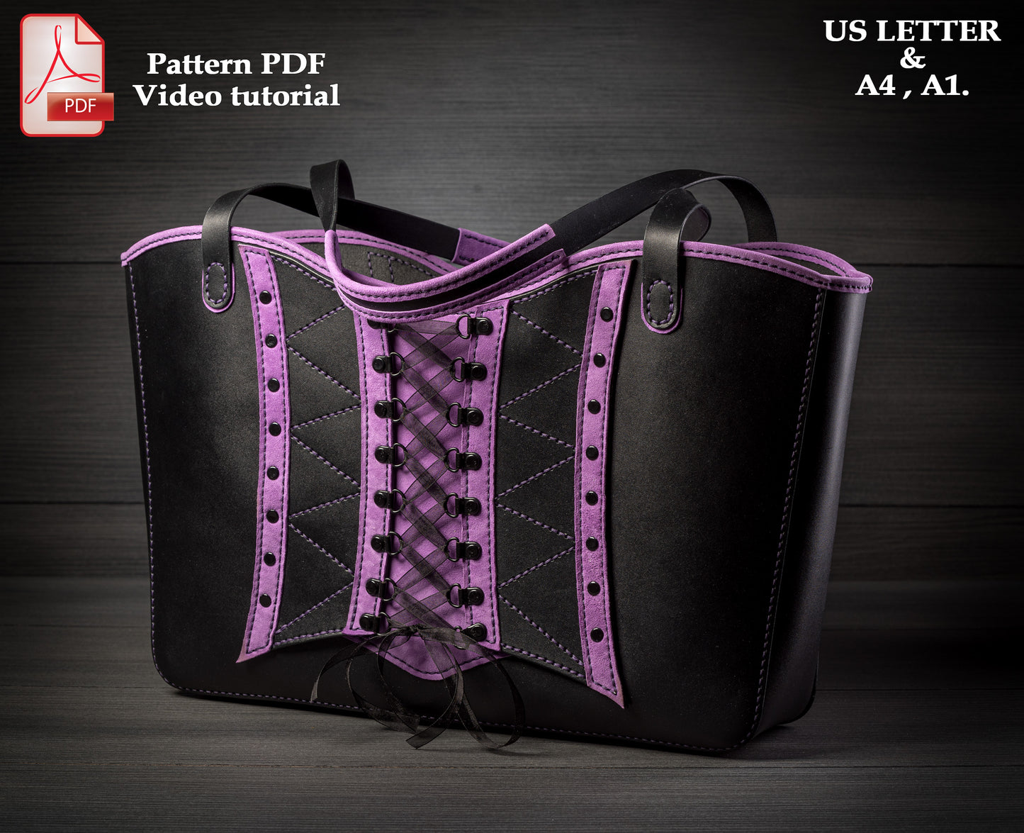 Large tote bag leather pattern PDF - goth corset bag digital template