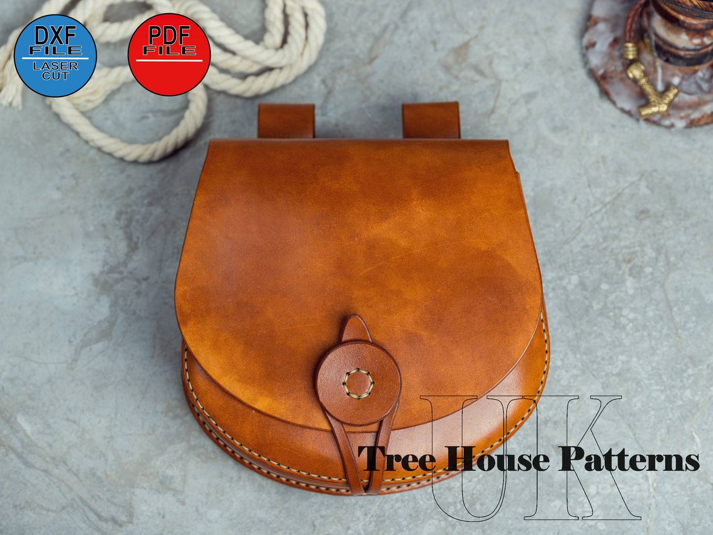 Medieval Bjorn belt bag leather pattern DXF and PDF  - Viking hip bag leather laser pattern