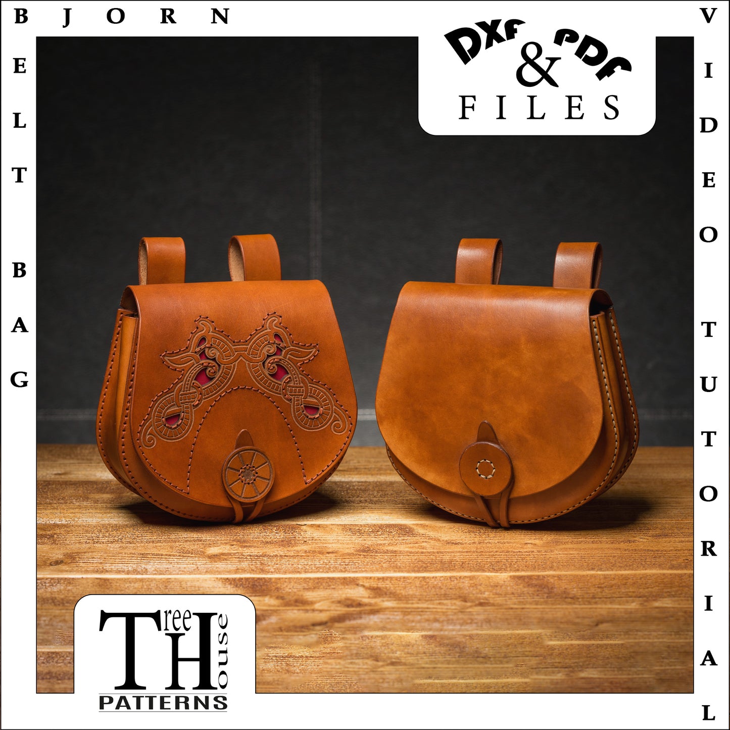 Medieval Bjorn belt bag leather pattern DXF and PDF  - Viking hip bag leather laser pattern