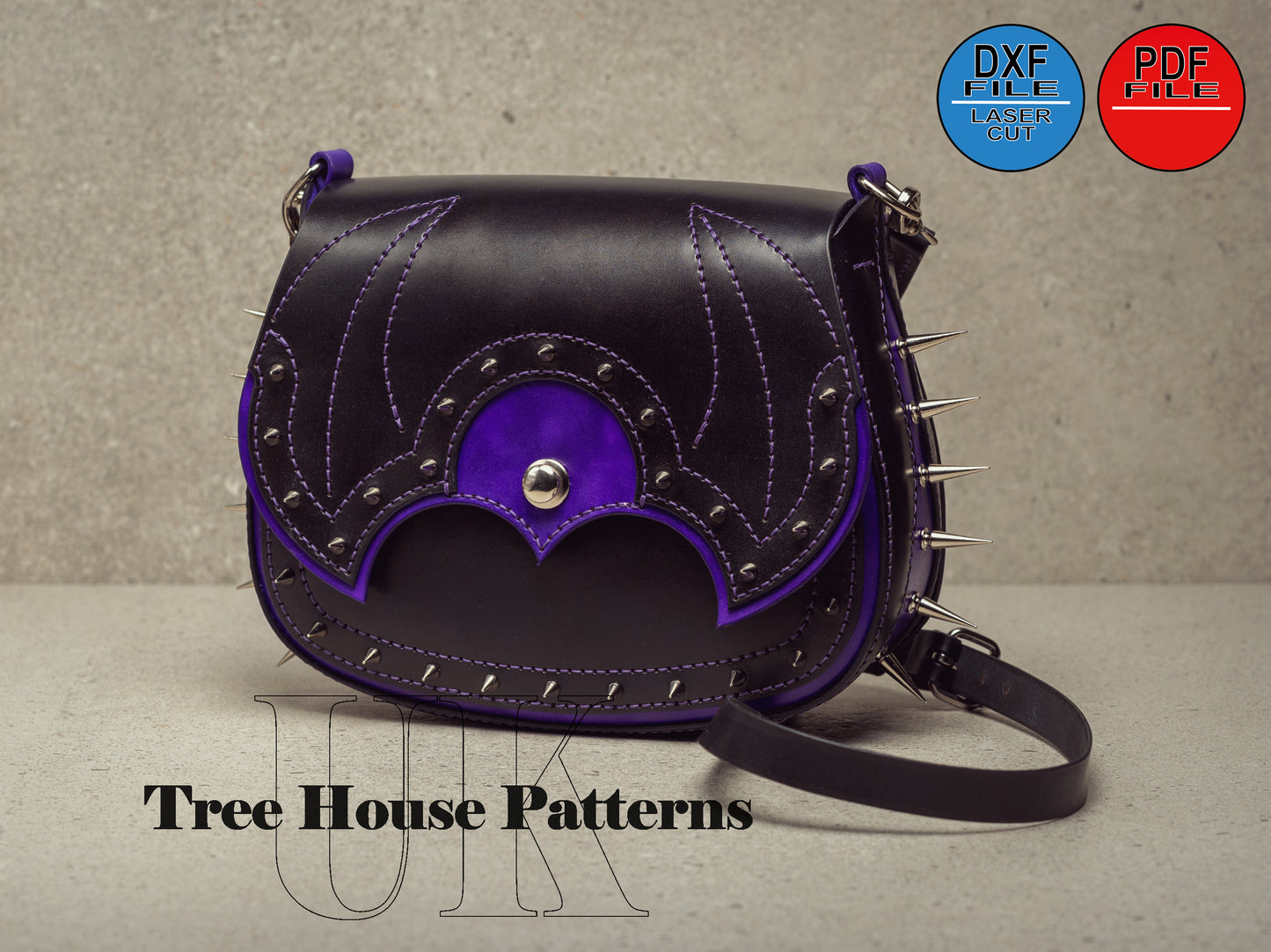 Goth style shoulder bag DXF and PDF leather pattern - goth purse digital template - alternative style bag laser pattern