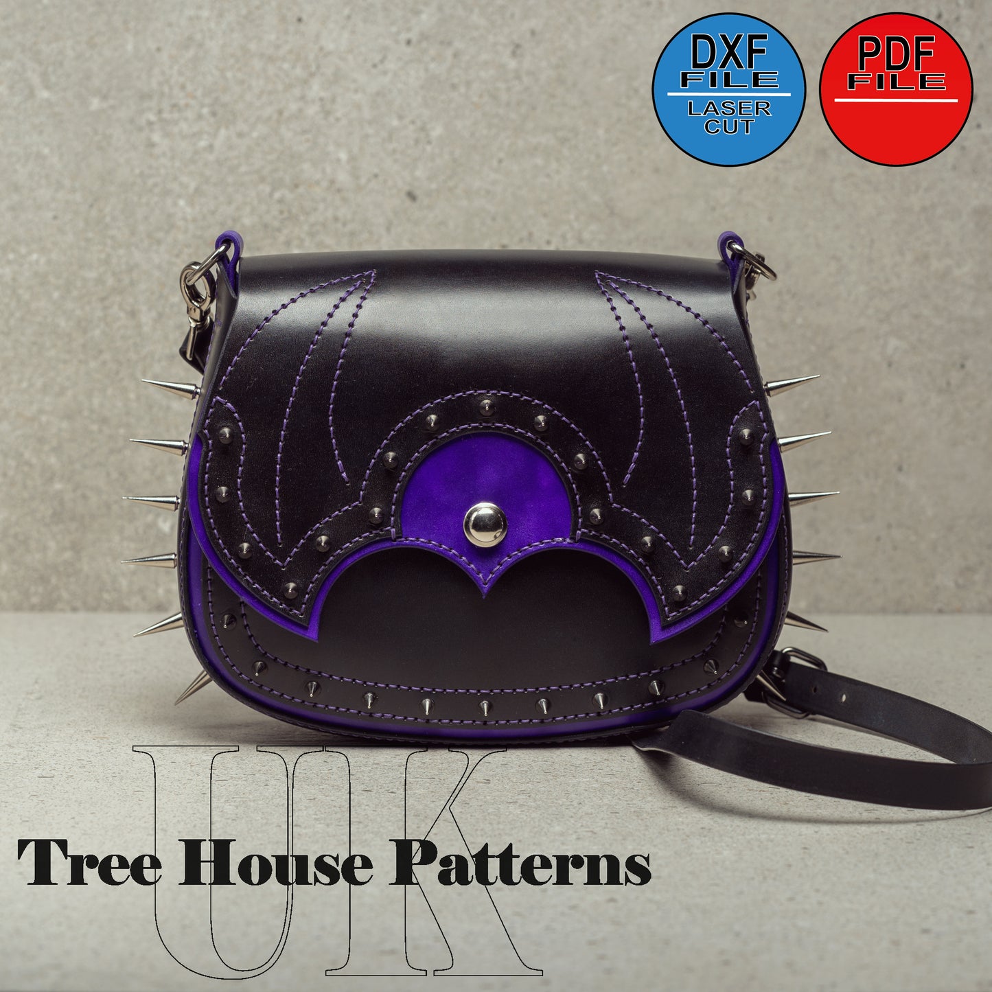 Goth style shoulder bag DXF and PDF leather pattern - goth purse digital template - alternative style bag laser pattern