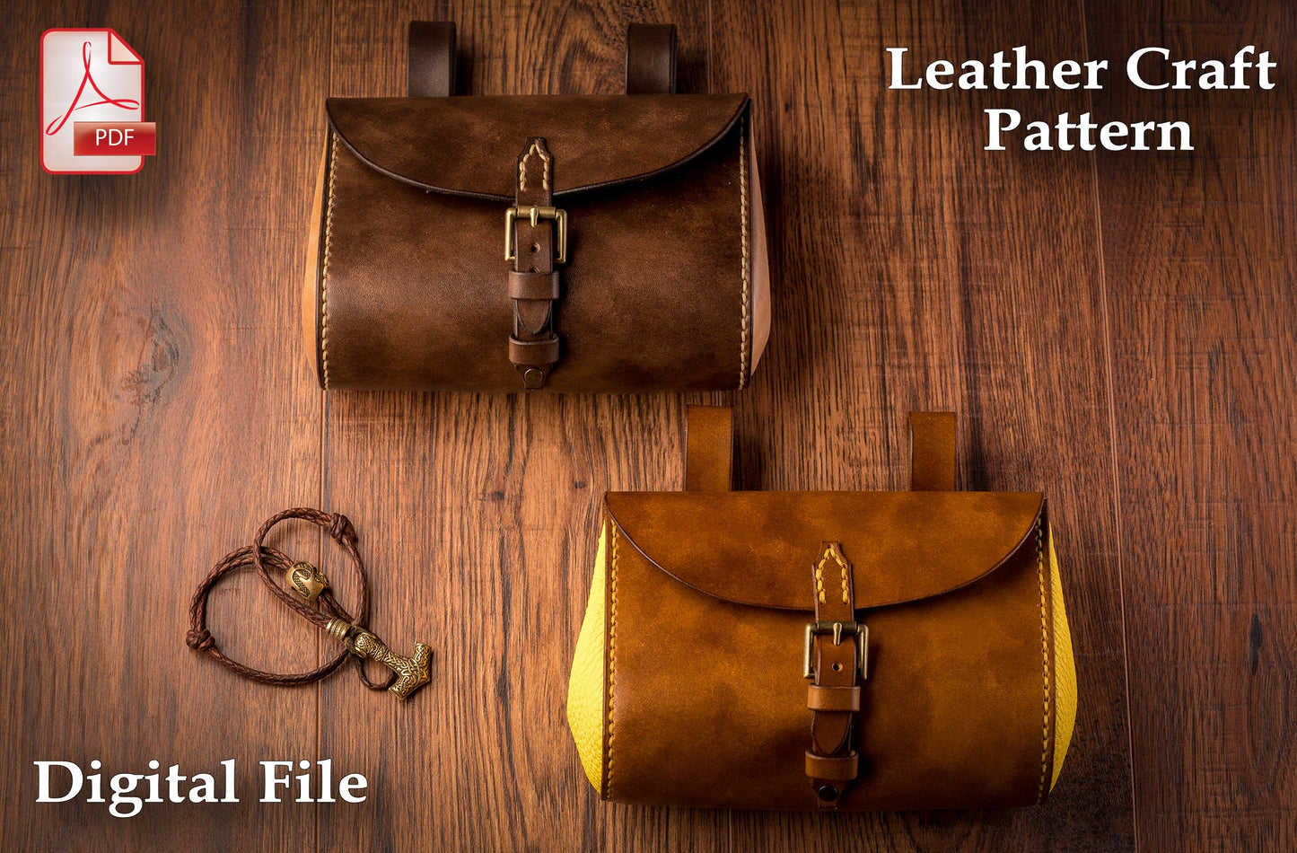 Medieval belt bag leather pattern PDF - waist bag digital template