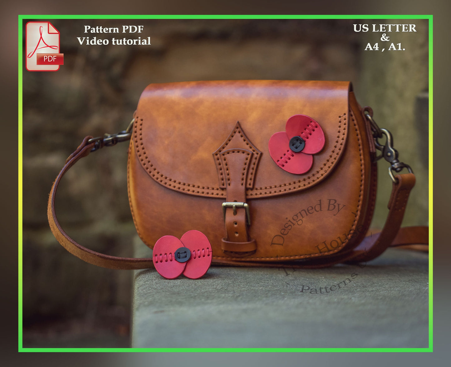 Veteran's poppy bag leather pattern PDF - saddle bag digital template