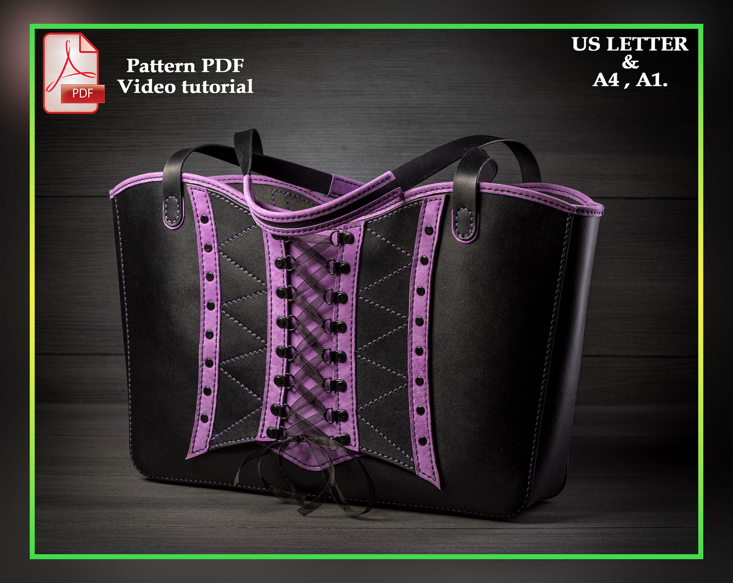 Large tote bag leather pattern PDF - goth corset bag digital template