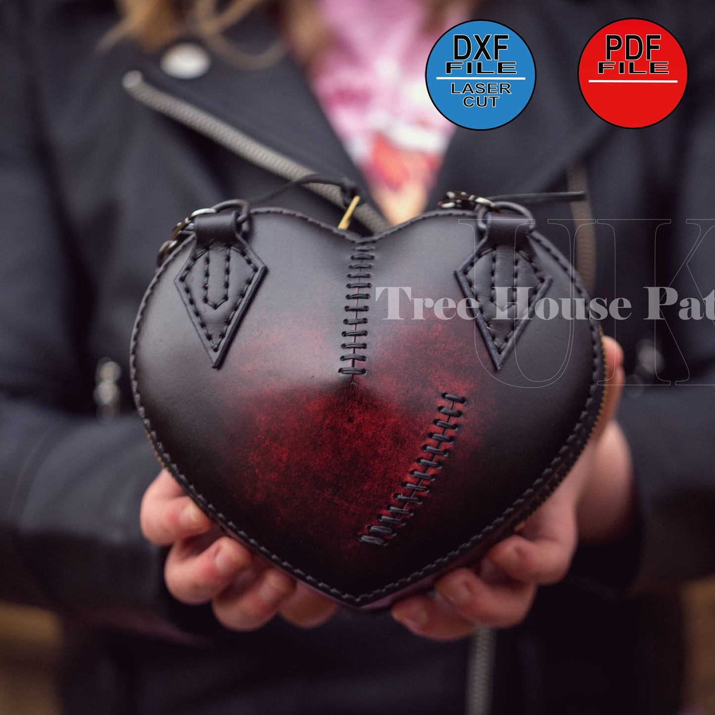 Heart bag leather pattern DXF and PDF - goth style bag digital template - laser leather pattern