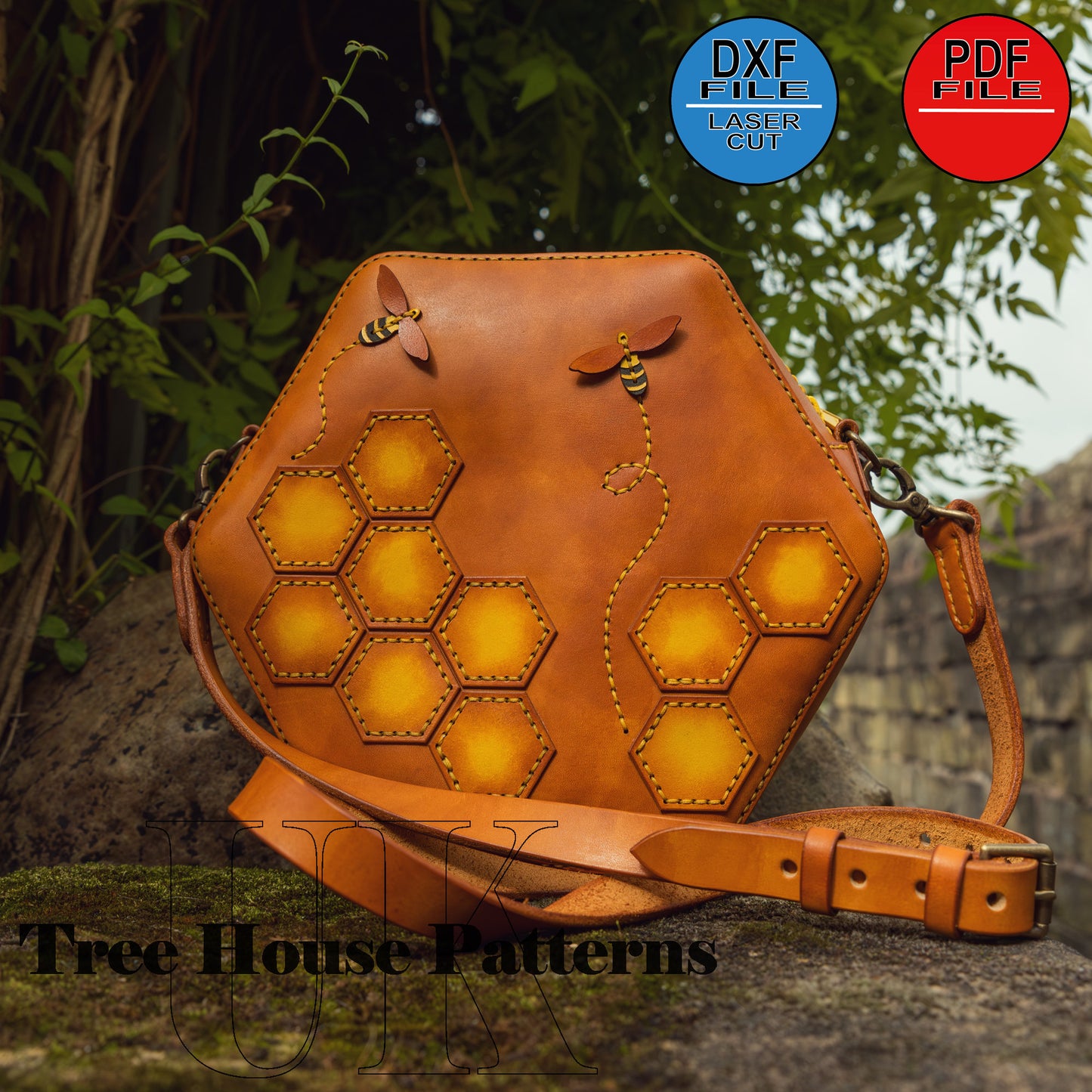 Leather shoulder "Bee" bag pattern DXF and PDF - leather crossbody purse digital template - leather laser pattern