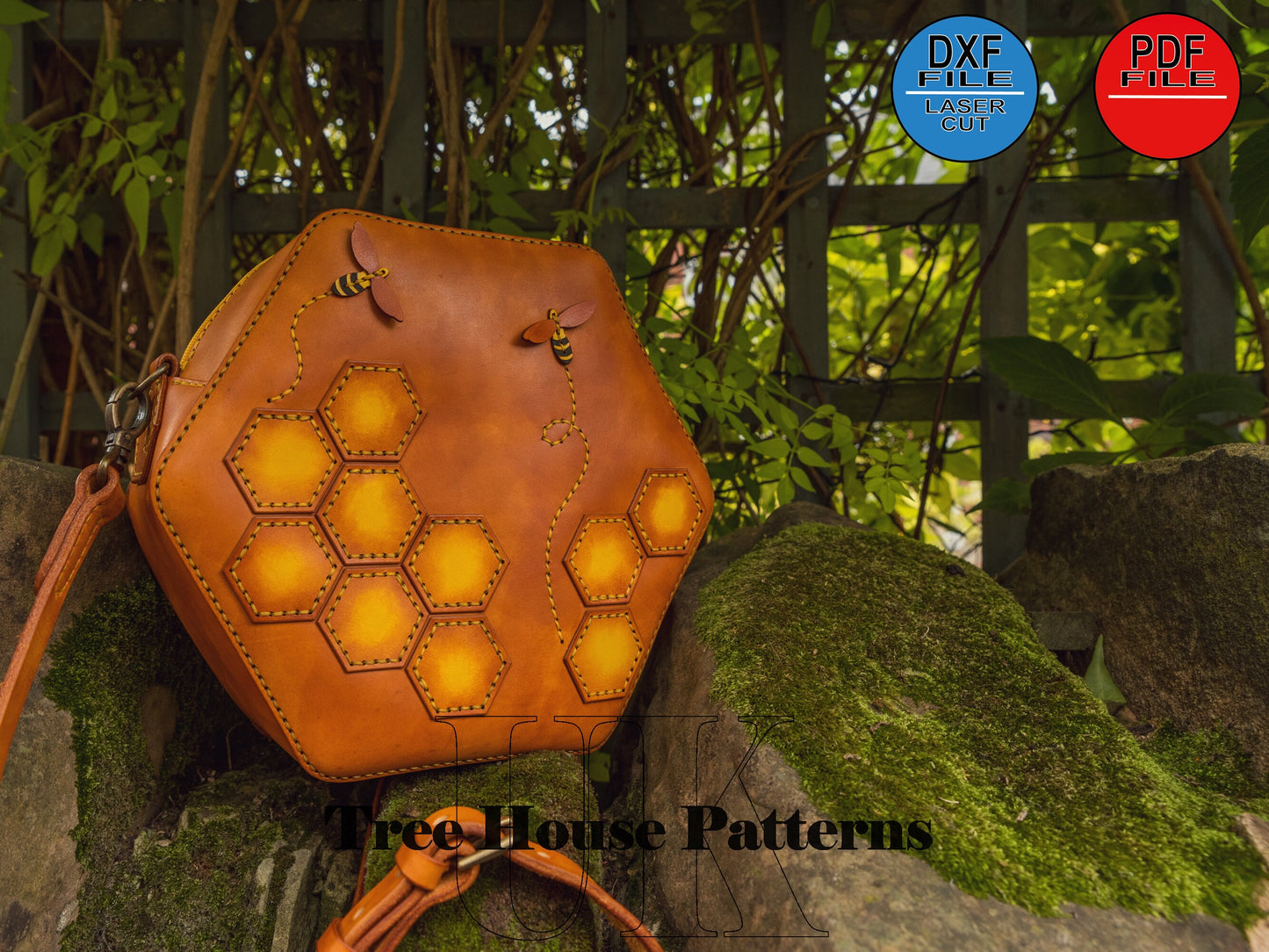 Leather shoulder "Bee" bag pattern DXF and PDF - leather crossbody purse digital template - leather laser pattern