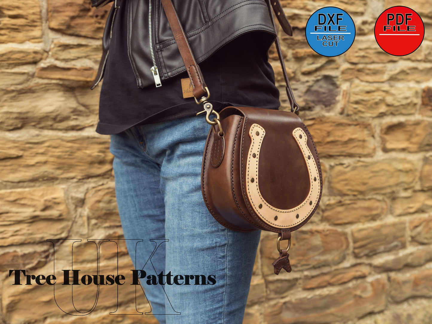 Small saddle bag with horseshoe motive leather pattern DXF and PDF - saddle purse laser digital template - laser bag pattern