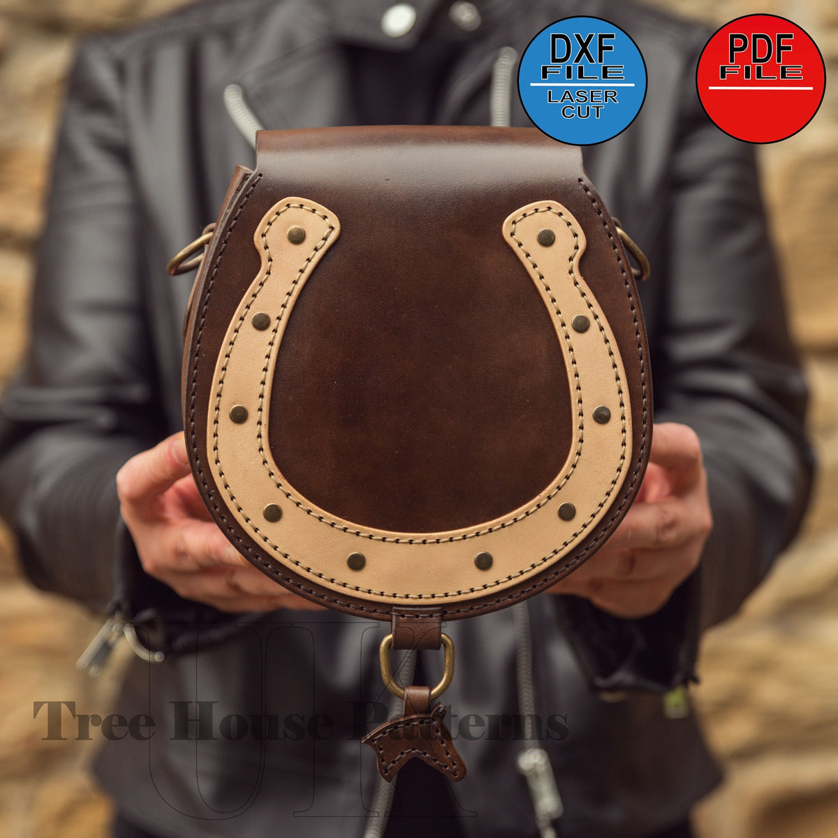 Leather pattern PDF, DXF for shoulder bag with horseshoe motive