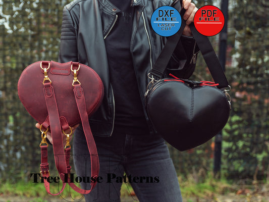 Heart shoulder bag and backpack leather pattern DXF and PDF - crossbody bag digital template for leather crafters