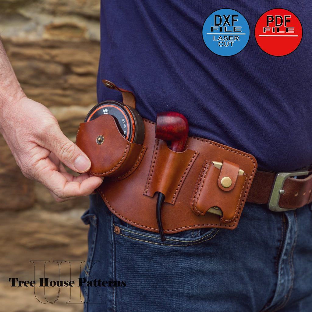 Leather Pipe Belt Organizer Pattern, Tobacco Pouch, Lighter Holder (PDF, DXF)