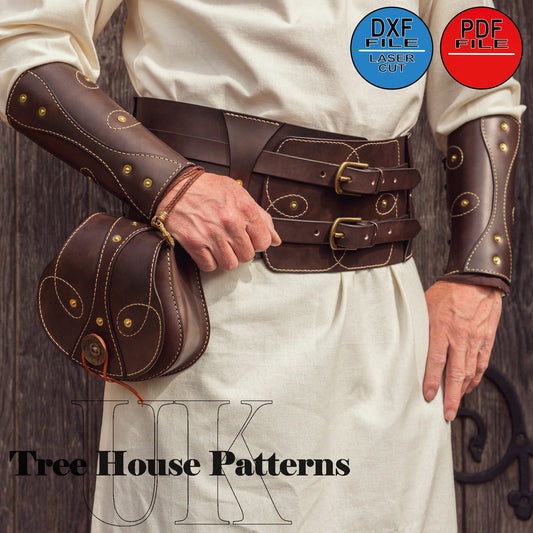 Medieval style battle set leather pattern PDF and DXF, laser pattern for combat set in Viking style, belt bag, arm guard and battle belt set