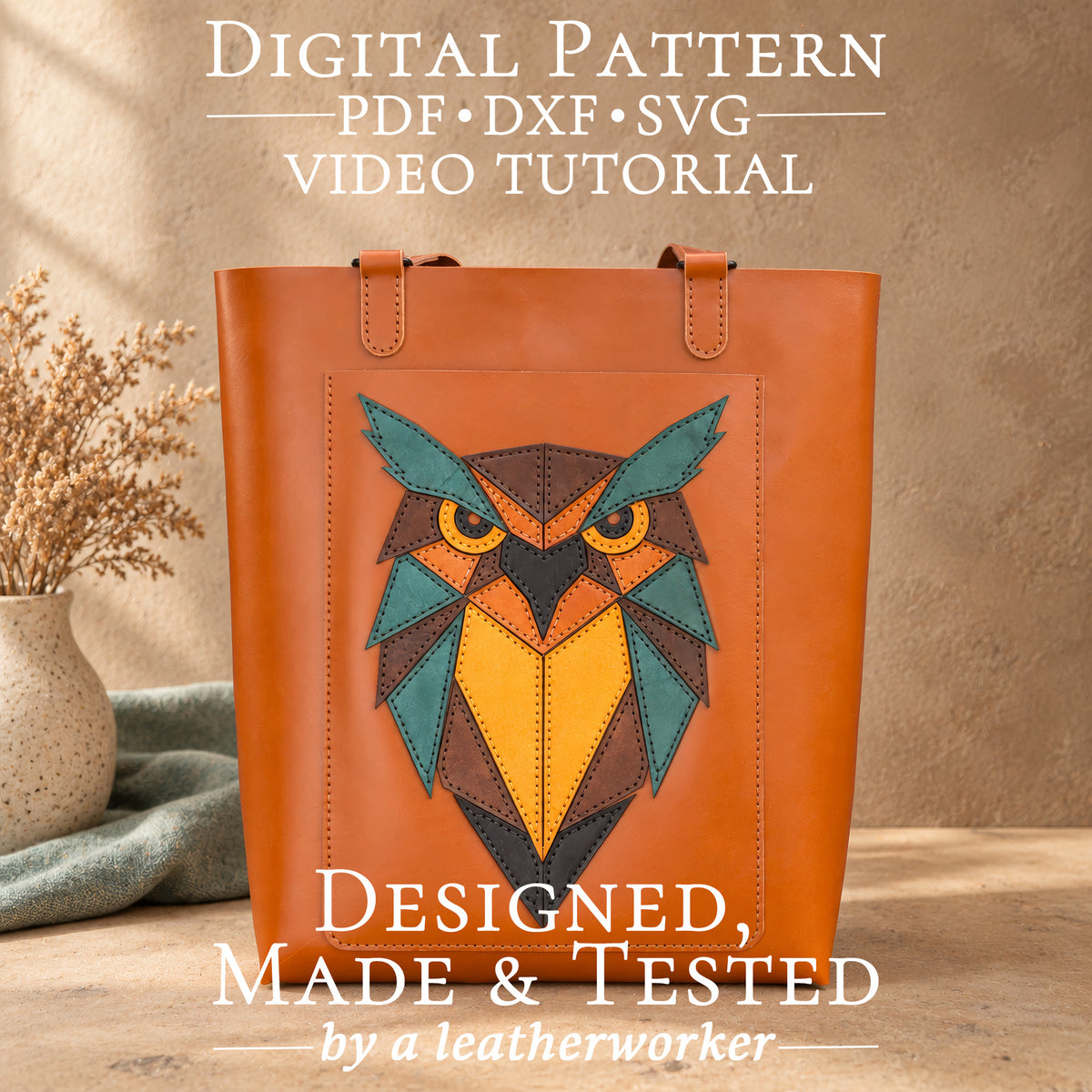 Finished leather tote bag with geometric owl front panel made using the leather tote bag pattern PDF